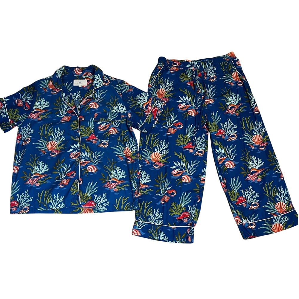 Printfresh Coral & Conch Pajama Set S Blue Cotton Short Sleeve Beachy Loungewear